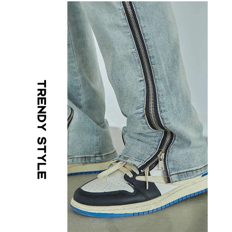 Streetwear Men 2022 New Vintage Straight Tube Side Zipper Recreational Jeans Simplicity Temperament Blue Trousers Autumn Female