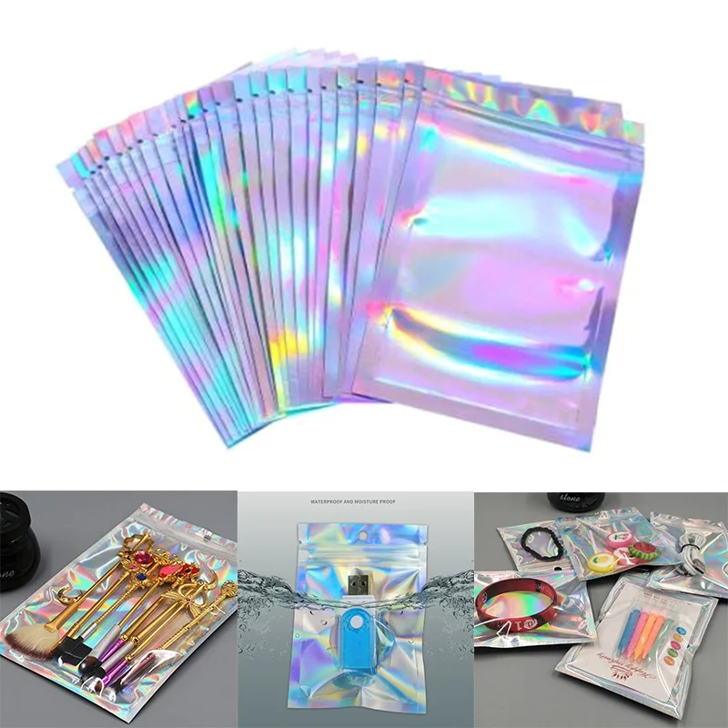 

100Pcs Plastic Ziplock Bag Aluminum Foil Hologram Small Water Proof Zipper Reclosable Pouches Makeup Food Storage Zip Lock Bags