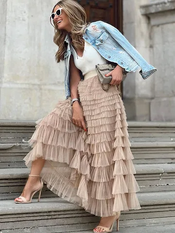 Boho Retro Long Skirt Women Summer Mesh Lace Elastic Waist Skirt Female Elegant Fashion Loose Beach Party Skirts Ladies 2023