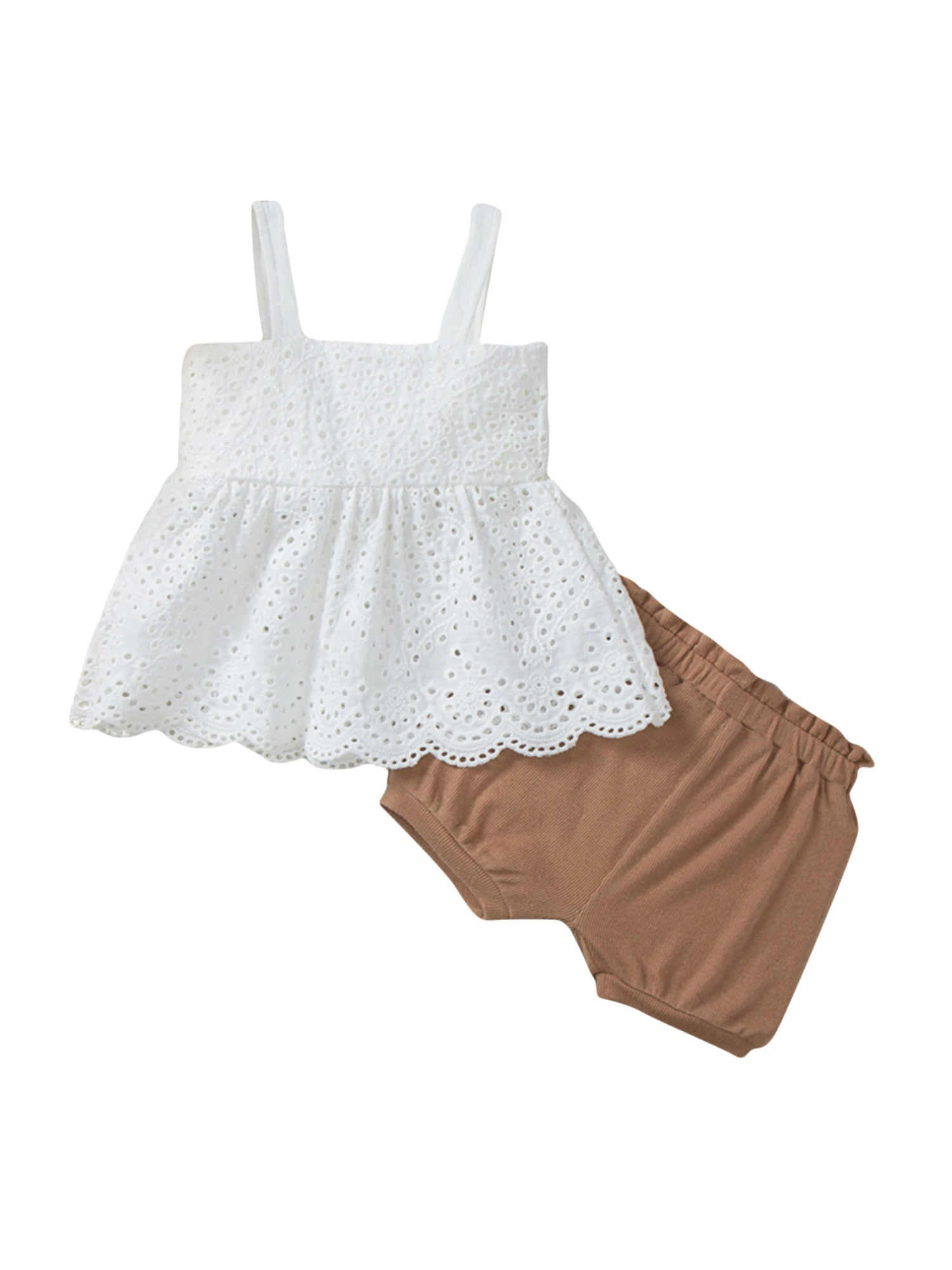 

Newborn Girls Two-Piece Outfits Solid Color Hollow-Out Sleeveless Tank Tops Elastic Waist Loose Fit Short Pants