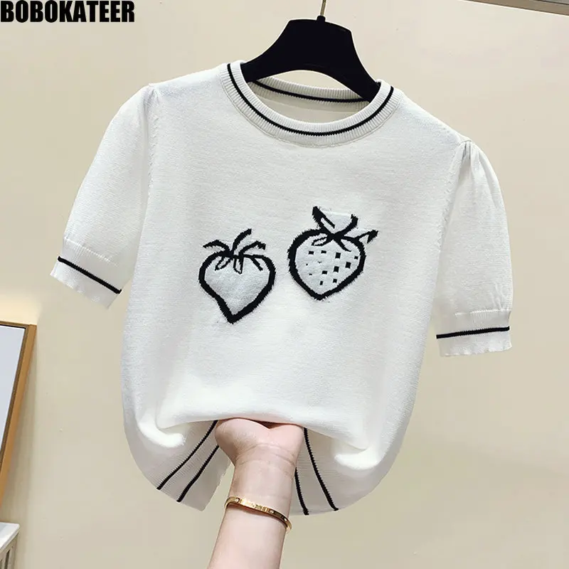

BOBOKATTER летняя одежда женская, Футболки с коротким рукавом, кроп топы женские, Повседневная футболка, Клубничная вышивка футболки, Женские фу...