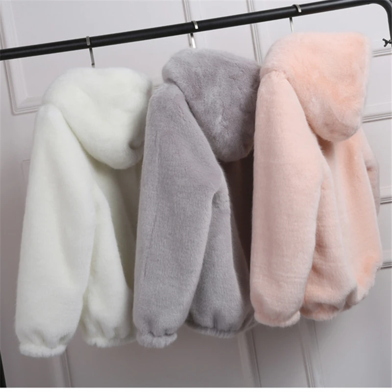 

2023 Winter Fashion New Short Loose Hooded Long Sleeve Thickened Warm Imitation Rex Rabbit Fur Grass Coat Women's Trend