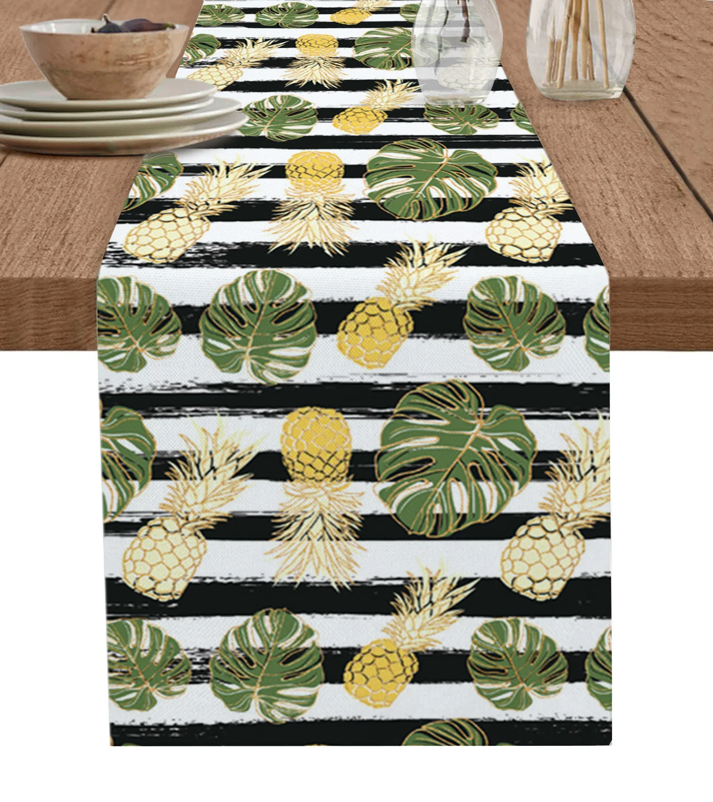 

Tropical Plants Pineapple Stripes Table Runner Wedding Decor Cotton Linen Table Runner for Holiday Party Kitchen Table Decor