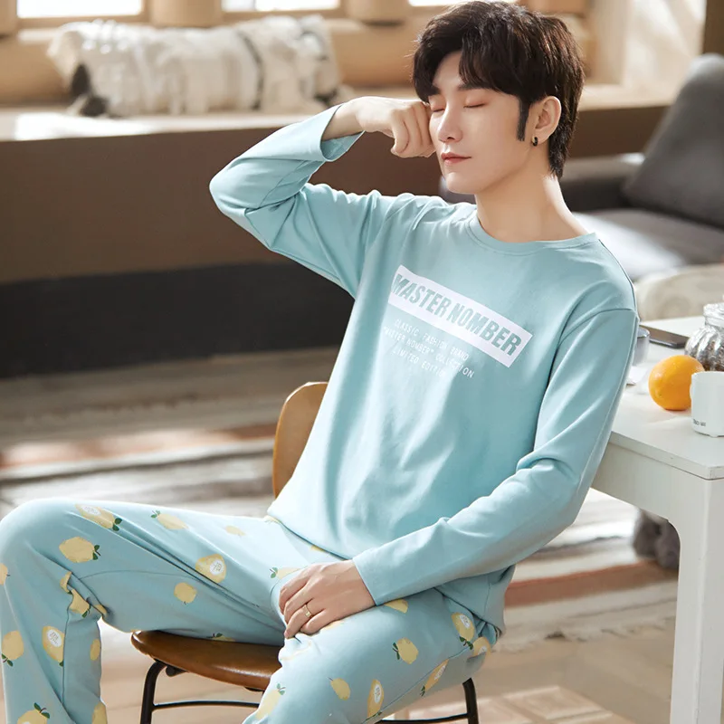 

House Kitten Men Pajamas Men Spring Autumn Long Sleeve Knitted Cotton Thin Youth Leisure Home Clothes Two-piece Set 2022