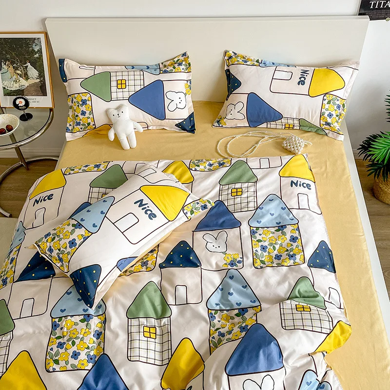 

Cartoon House Bed Cover Set Kids Gift Bedding Set Single Bed 150x200 Duvet Cover Blue White Home Beddings Yellow Pink Bedsheet
