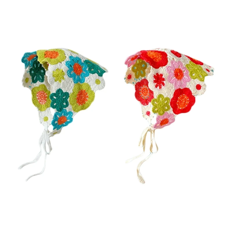 

Boho Hair Bandana Crochet Flower Head Kerchief Knit Floral Headwrap Head Scarf
