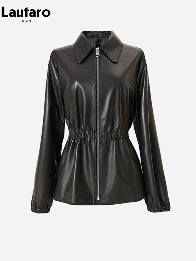 

Lautaro Spring Autumn Black Fitted Soft Faux Leather Jacket Women Zipper Elastic Waist Long Sleeve Luxury Elegant Clothes 2022