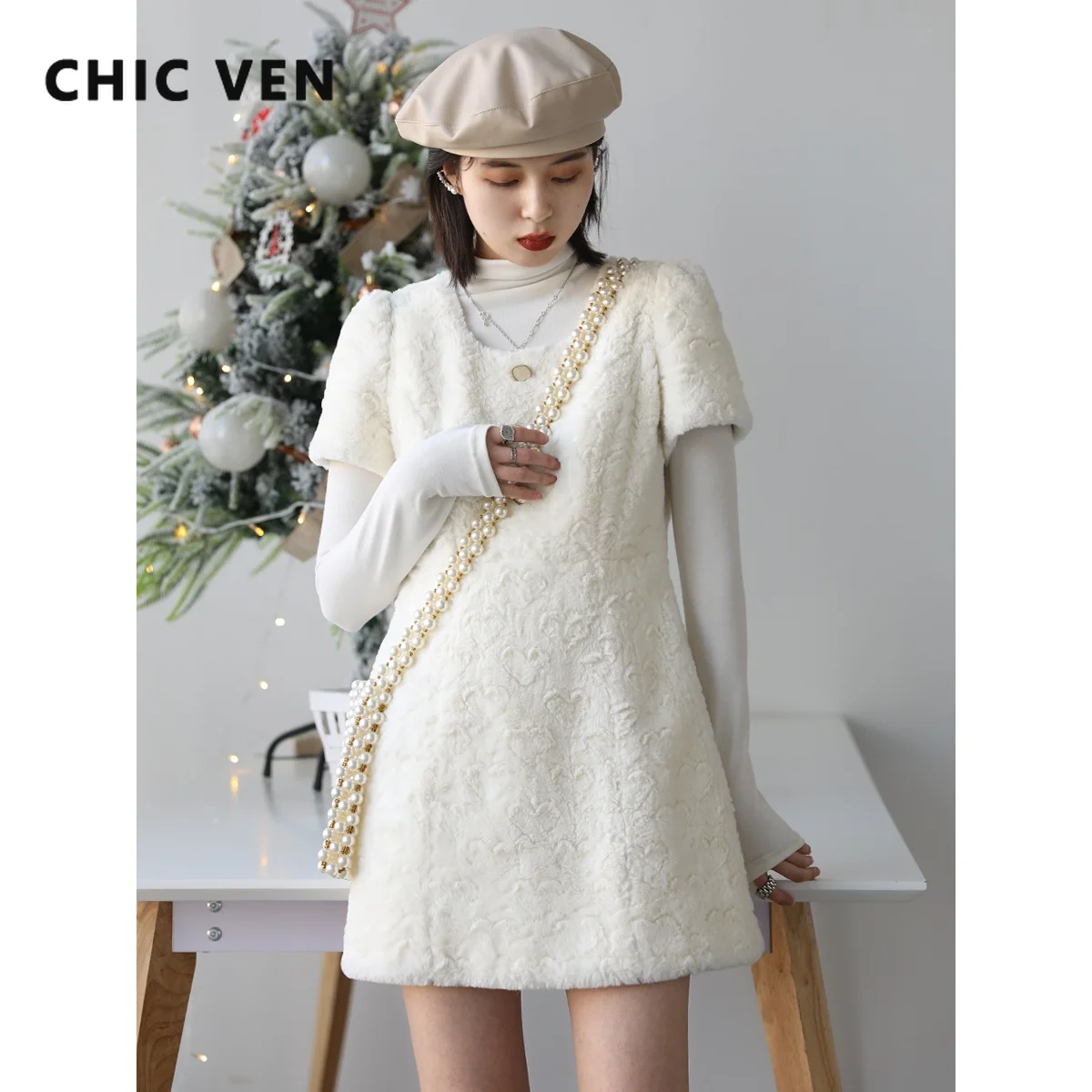 

CHIC VEN Women's Dress A-line White Pullover Faux Rabbit Hair Short Puff Sleeve Sweet Thick Warm Autumn Winter Woman Party Love