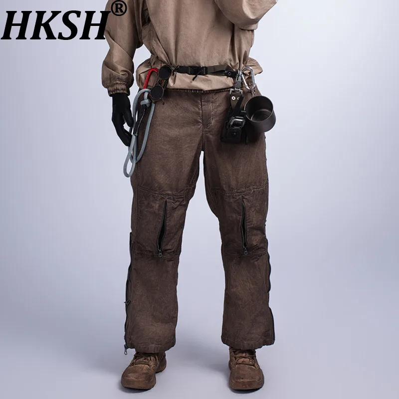 Фото HKSH Весна-Осень Новые Мужские Модные Брюки-Карго в стиле Ins с эффектом потертости, с сетчатыми вставками, прямого кроя, женские, с эффектом грязного окрашивания, рваные, рабочие HK26799 №1