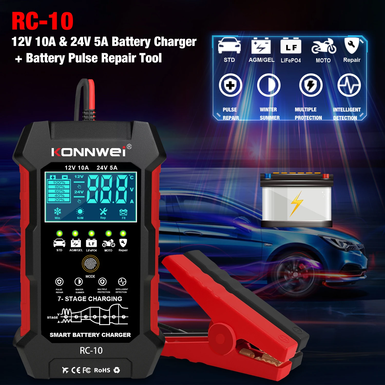 

KONNWEI RC-10 Car Battery Charger Pulse Repairl tool for 12 V 5A 24 V 10A Lead acid battery lithium with UK US UL EU Plugs