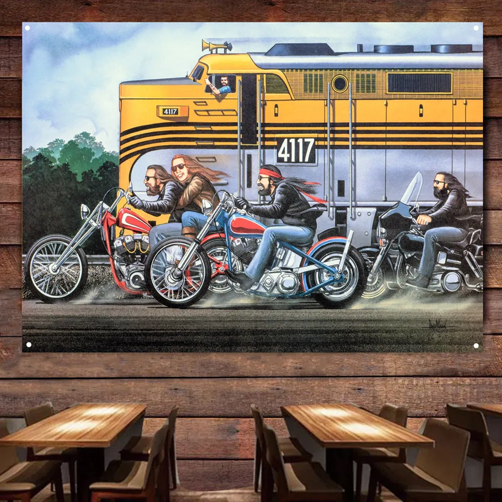 

Motorcycle VS Train Flag Banner Live or Ride Poster Decor Mural Bikers Art Wall Sign Vintage Car Man Cave Bar Club Pub Garage