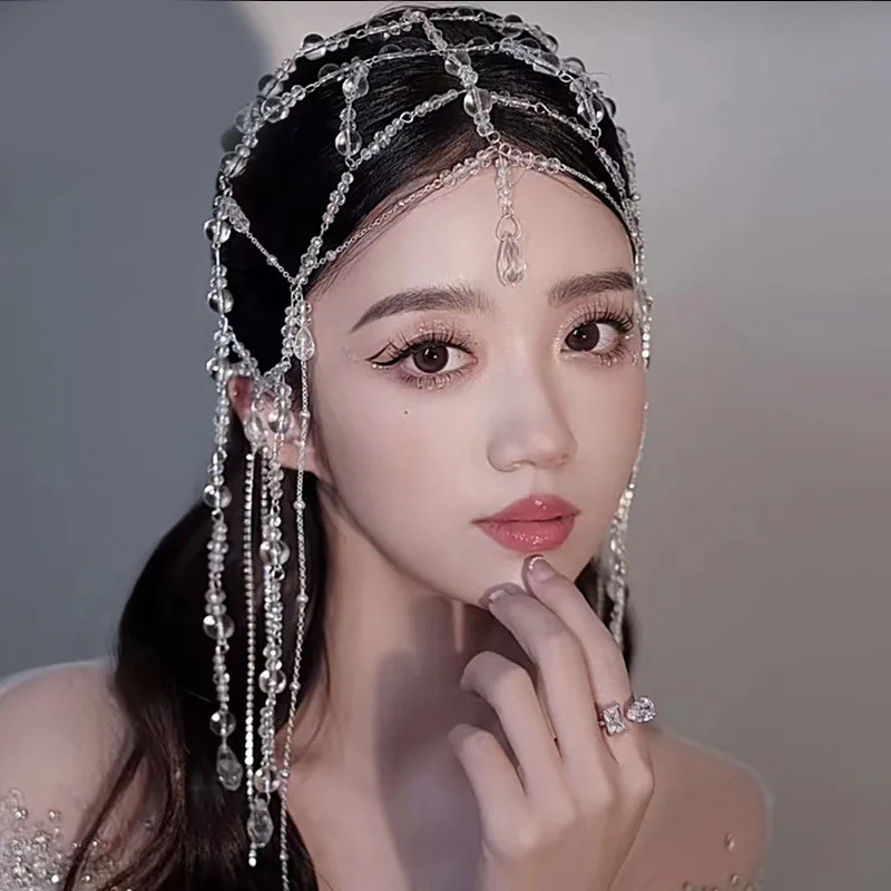 

Bride Crown Headdress Korean Super Fairy Crystal Fringe Beaded Forehead Senior Wedding Style Accessories