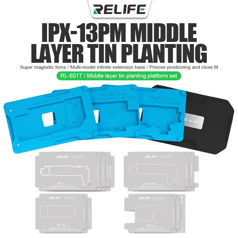 

Relife RL-601T Stencil Kit for iPhone X-13 Pro Max Mini Middle Layer Board BGA Reballing Stencil Reball Solder Plaste