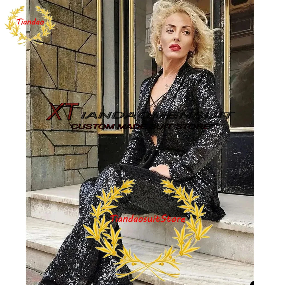 Suit for Women 2 Piece Sequin Stage Dress Wedding Mom Clothes Lady Fashion Blazer Pants Girl Jacket Set