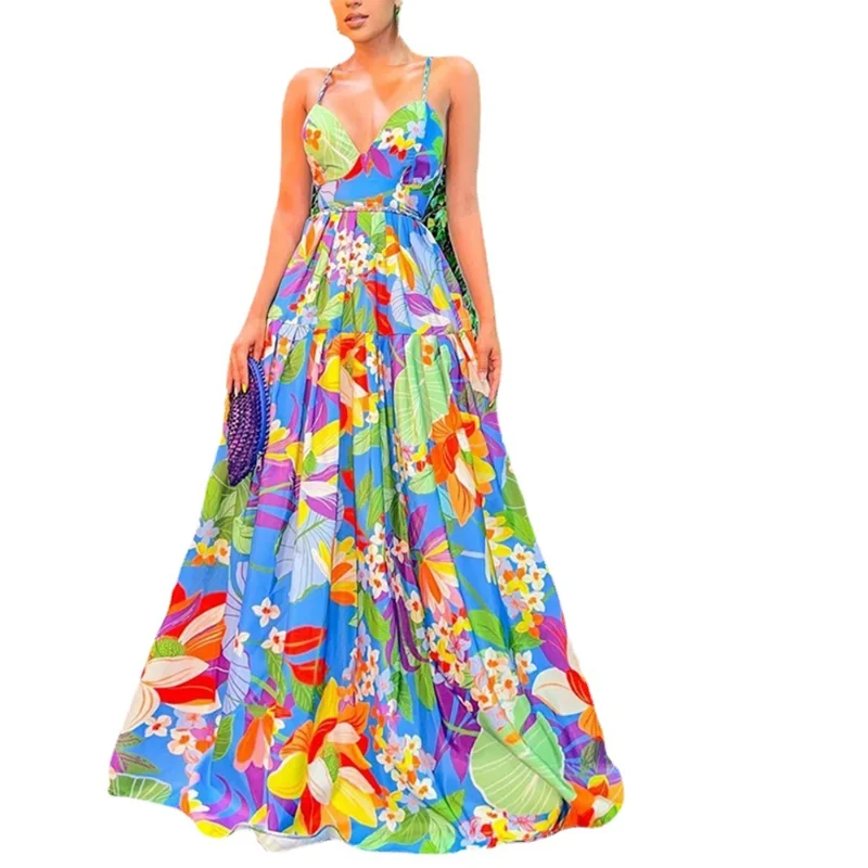 

Dress Women's 2023 Summer New Print Dress Holiday Print Off-shoulder Large Pendant Long Dress Maxi Dresses for Women