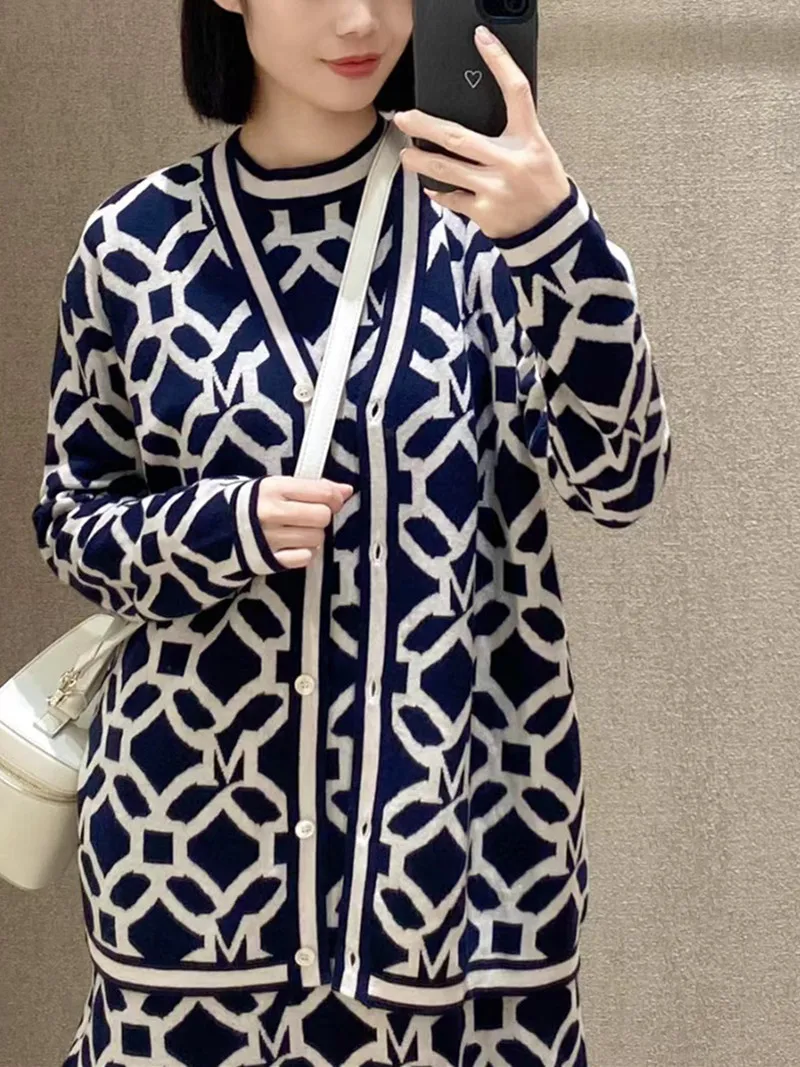 

Женский двубортный жаккардовый свитер, свободный однобортный Кардиган составного кроя с V-образным вырезом и длинными рукавами, осень 2023