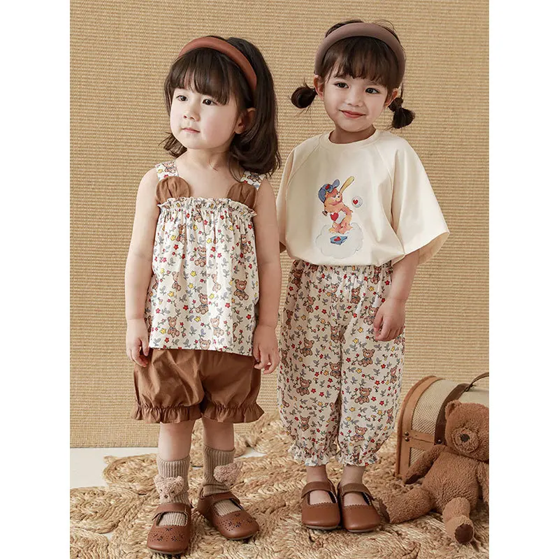 

Summer Baby Girl Flower Clothes Set Infant Kids Sleeveless Top Shorts Buttom Suit Children's Girls Cartoon Tshirts Pants Outfits
