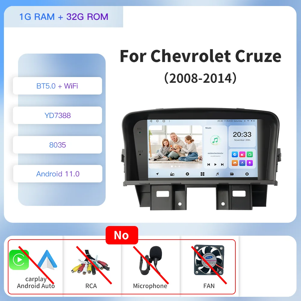 

Автомагнитола Kapud для Chevrolet Cruze 2008-2014, 7 дюймов, Android 12, Wi-Fi, GPS
