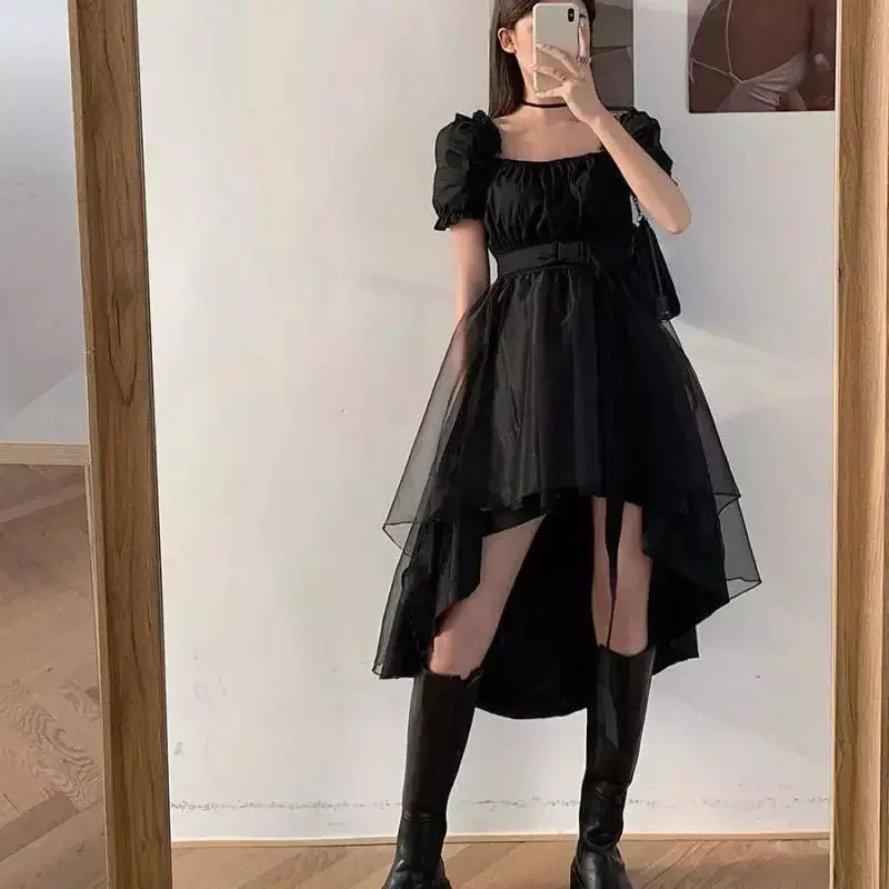 

Irregular Black Dress Square Collar Waist Thin Elegant Temperament Bubble Short-sleeved Dress Female Trend 2022 Summer New Dress