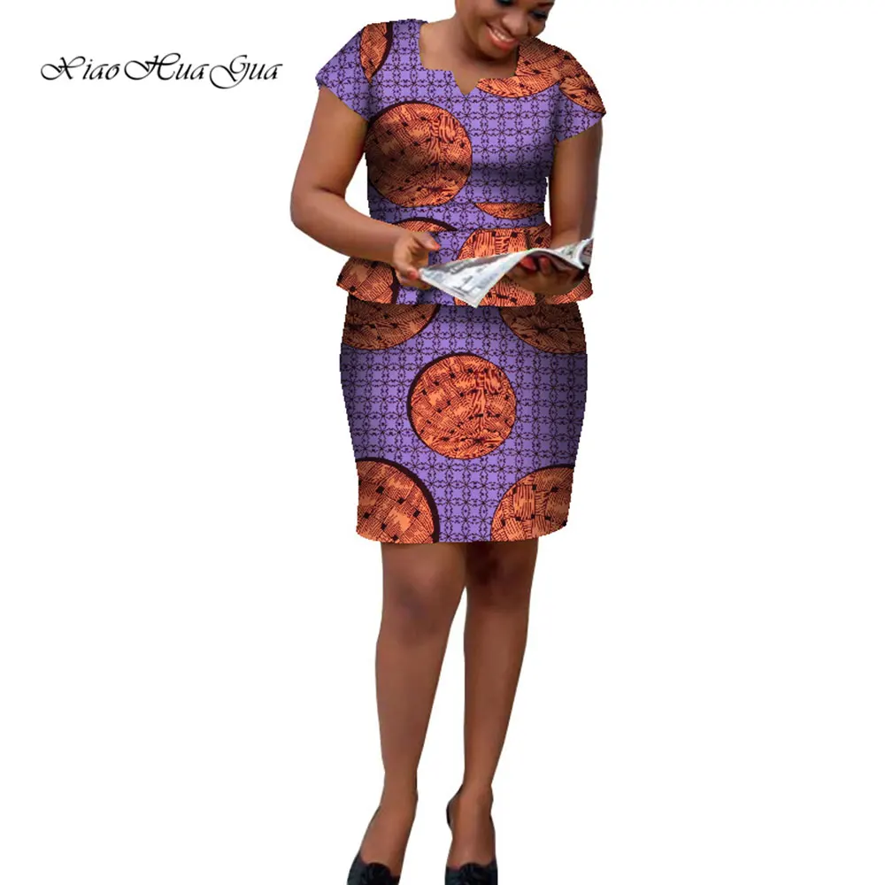 New Fashion 2 Piece Set Women African Outfits Print Short Sleeve Blouse and Short Skirts Suits Skirt African Clothing WY9057