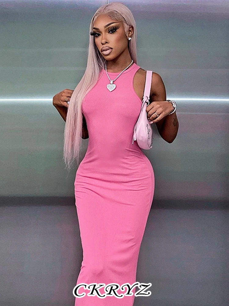 

Ckryz-Women Sleeveless O-Neck Pencil Dress Sexy Bodycon Pink Ribbed Maxi Dress Party Club Streetwear Y2K Clothes Summer Fashion