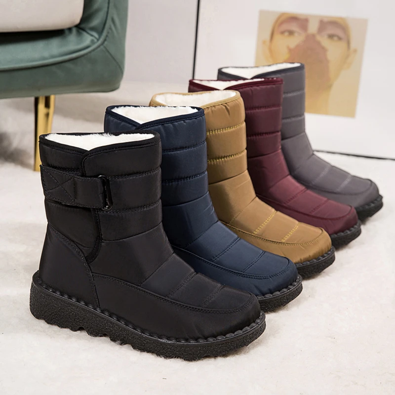 Новые зимние плюшевые ботинки с высоким верхом, непромокаемые бархатные женские  ботинки на липучке, Длинные уличные зимние ботинки | AliExpress