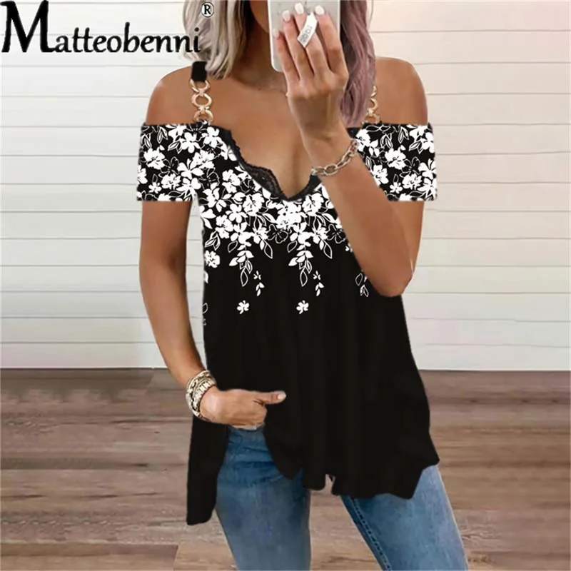 Купи Summer Sexy Lace V-Neck Short Sleeve Off Shoulder Women T-Shirts Ladies Floral Print Street Tops Female Casual Loose T-Shirt за 547 рублей в магазине AliExpress