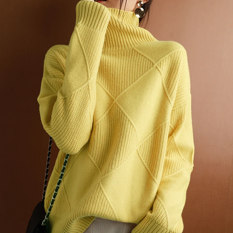 

Женский кашемировый свитер с высоким воротником, однотонный вязаный пуловер с высоким воротником, свободный свитер из 100% чистой шерсти большого размера для женщин