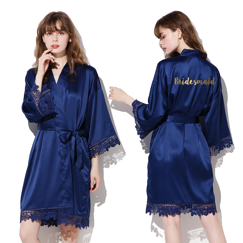 Women New Bride Bridesmaid Robe Silky Matt Satin Lace Bridal Robes Wedding Gift Bathrobe Kimono Sleepwear Navy