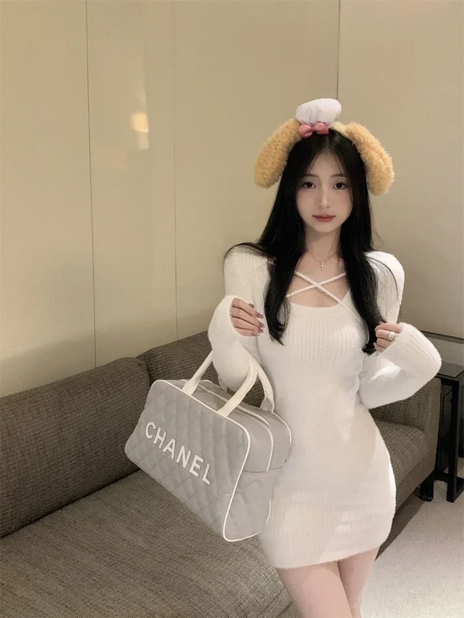 Трикотажные мини-платья с длинным рукавом для женщин осень-зима сексуальное