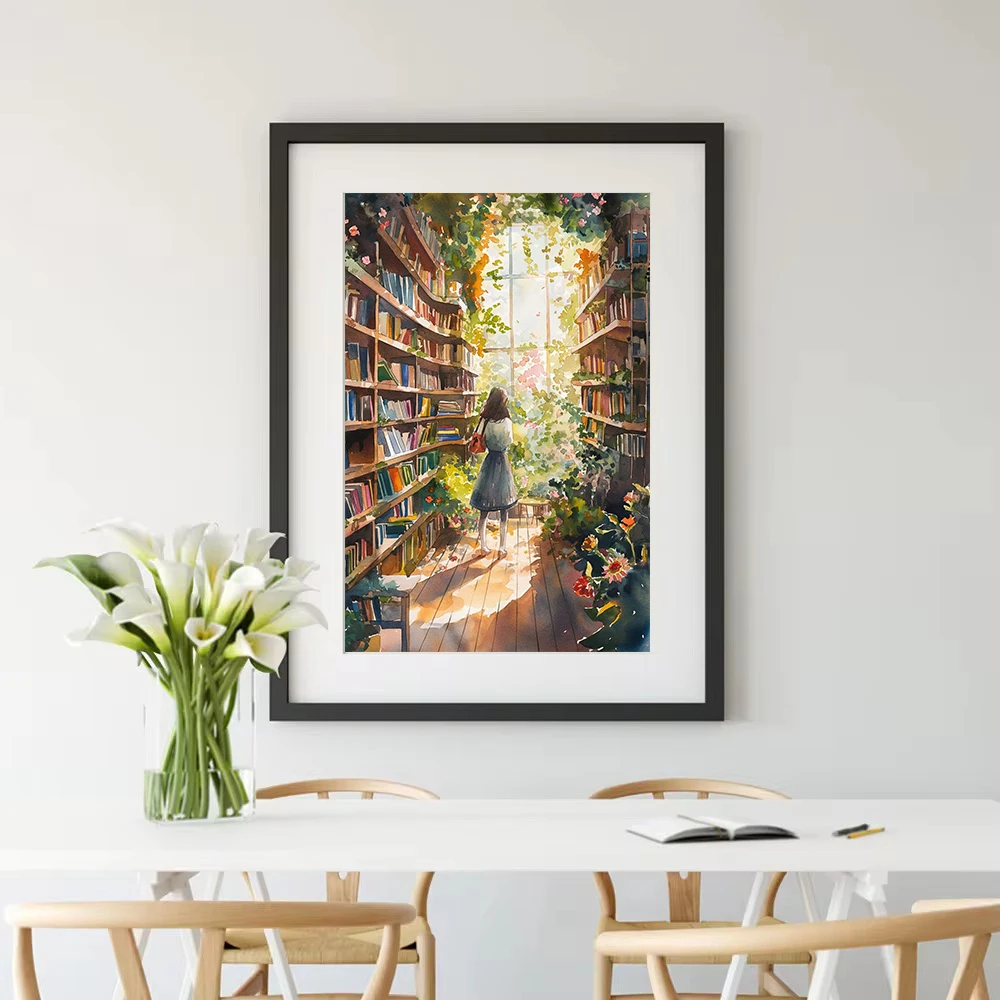 Викторианская винтажная теплица библиотека девушка литература растения постер
