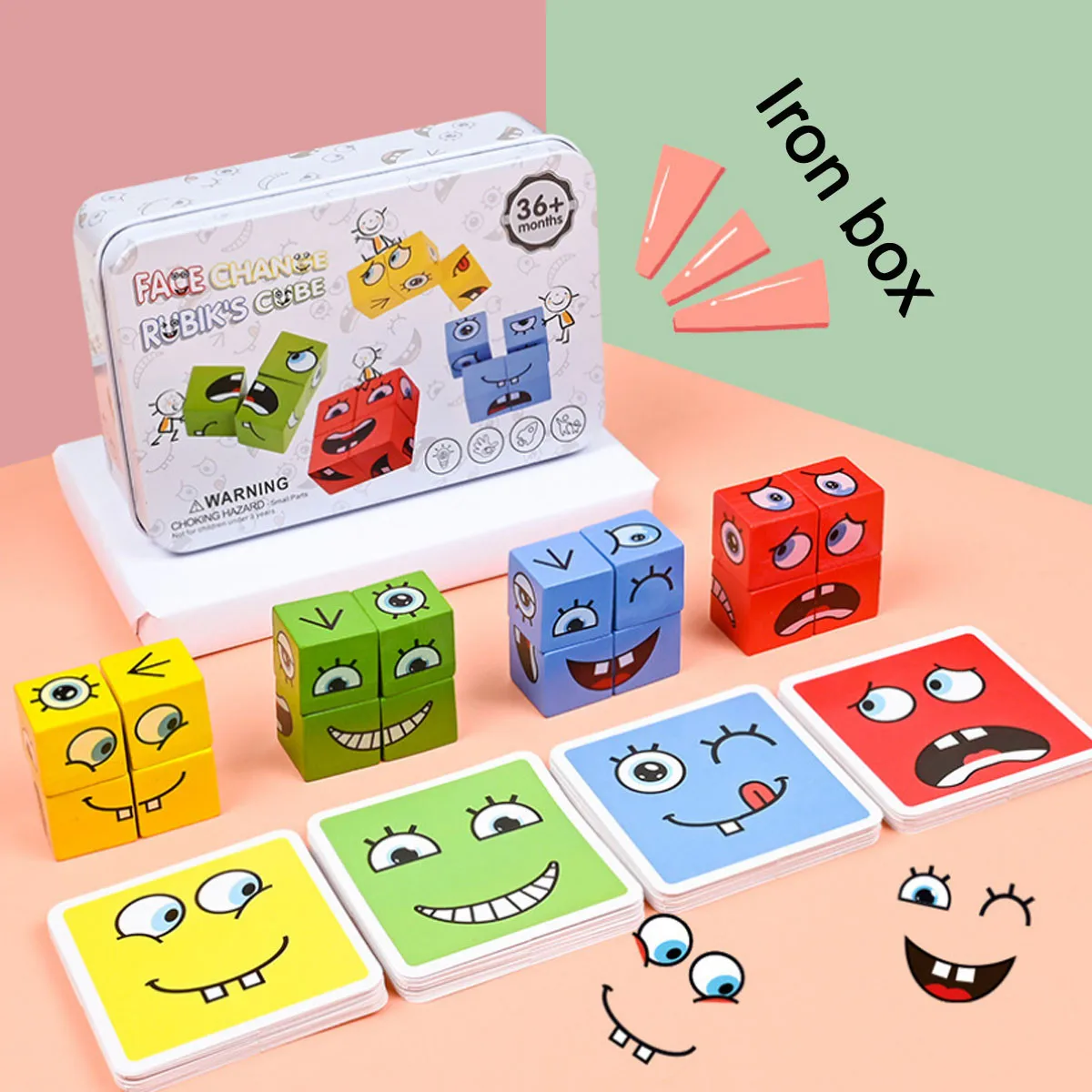 Детский конструктор Монтессори, деревянная игра-головоломка с изображением смены лица, мультяшный куб, игрушка для снятия стресса, для дете...