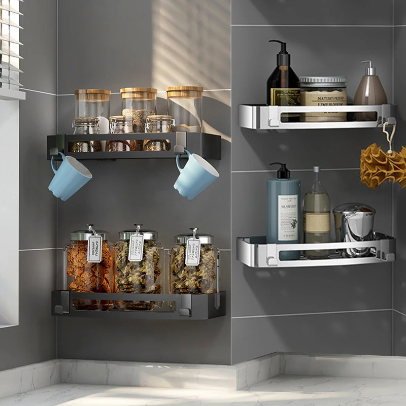 

Bathroom Shower Cosmetic Storage Rack Stainless Steel Rectangle Shelf Free Perforated Shelf Daily Necessities Storage Household