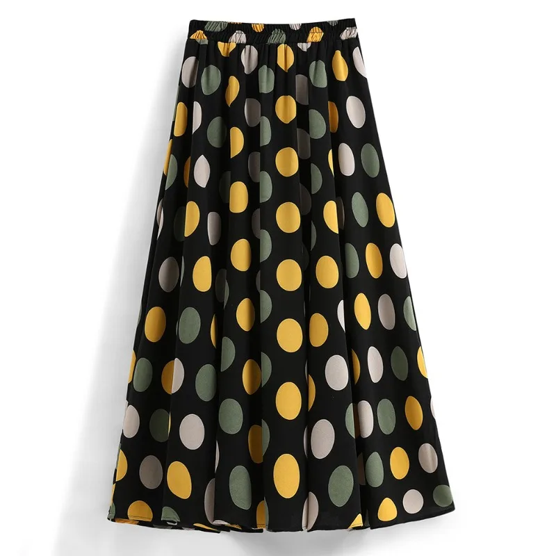 

Colours Polka Dot Large Swing Printed Chiffon Umbrella Skirt Korean Style Spring Summer Black A Line Polyester Skirt for Women