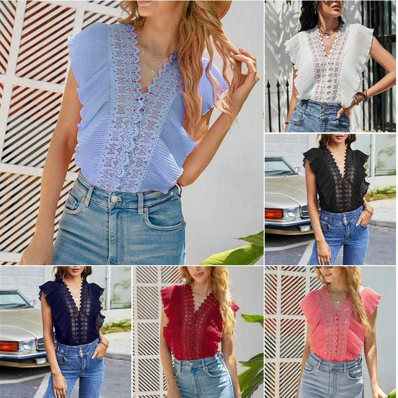 

Korean New Fashion Clothing Loose Solid Shirt Elegant Summer Womens Tops And Blouses Lace Patchwork Blusas Mujer