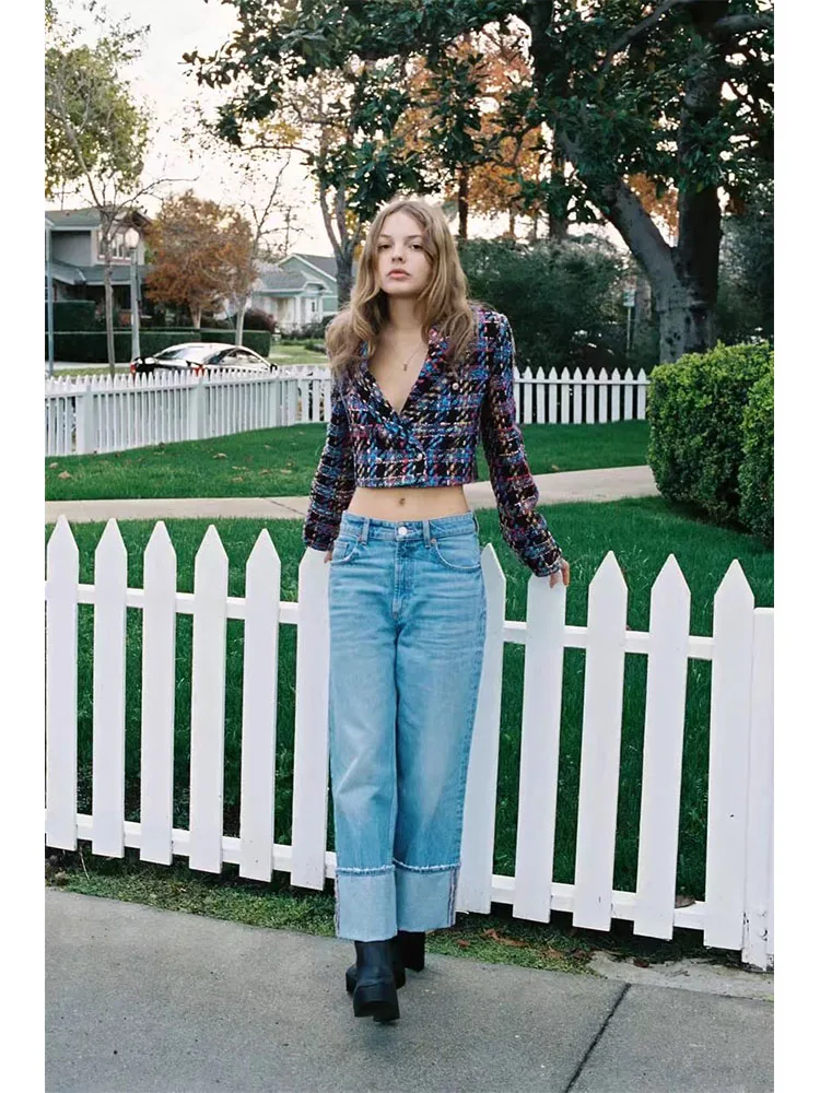 

BM&MD&ZA 4661925 Women 2022 New Fashion Textures Cropped Tweed Blazer Coat Vintage Long Sleeve Female Outerwear Chic 4661/925