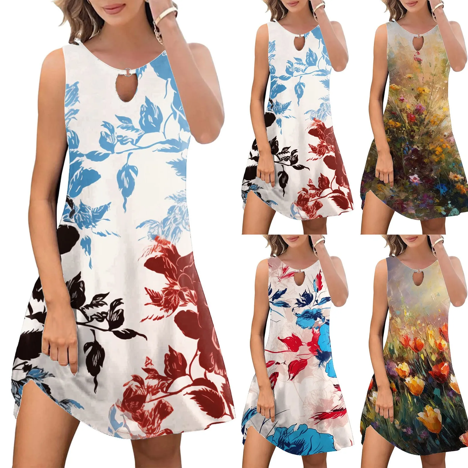 

V Neck Dress Casual Women's Summer Dress 2023 Fashion Bohemian Print Cover Up Round Neck Sleeveless Tank Top Dress Dress Wrap