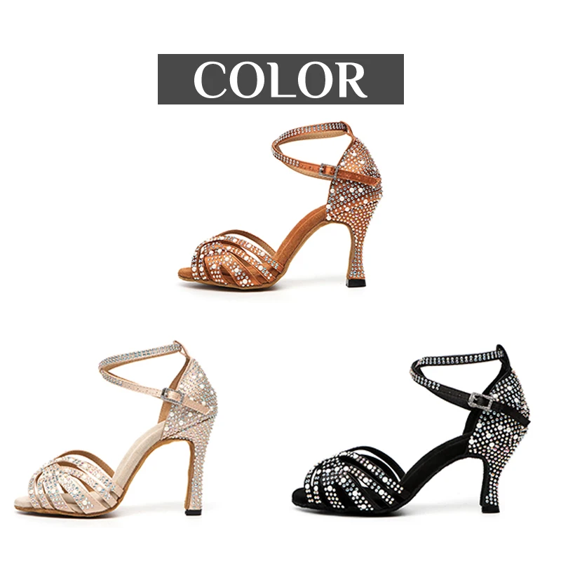 DKZSYIM Rhinestone Latin Dance Shoes Female Latin Salsa Girl Casual Shoes Black Bronze Skin Shiny Ballroom Dance Shoes Sandals