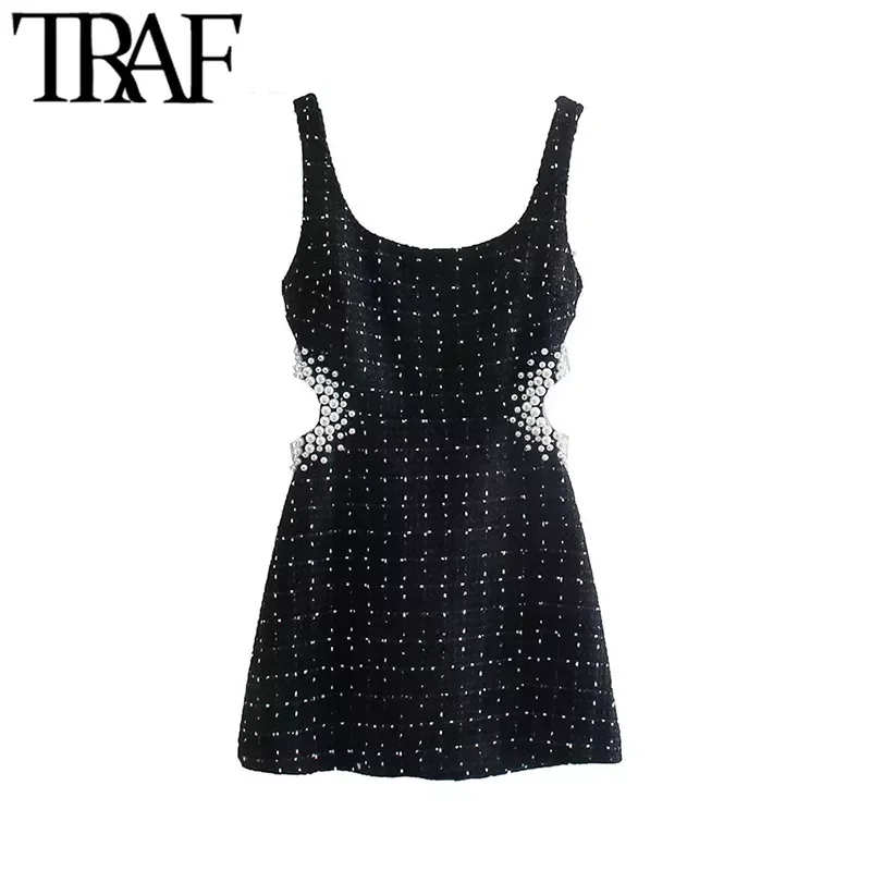 

TRAF Women Fashion With Pearl Beads Hollow Out Tweed Mini Dress Vintage Backless Zipper Wide Straps Female Dresses Vestidos