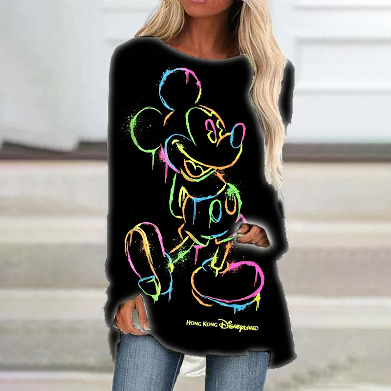 

New Disney Brand Mickey and Minnie Anime Summer Women's Casual Crew Neck Loose Long Sleeve T Shirt Kawaii Streetwear Top y2k