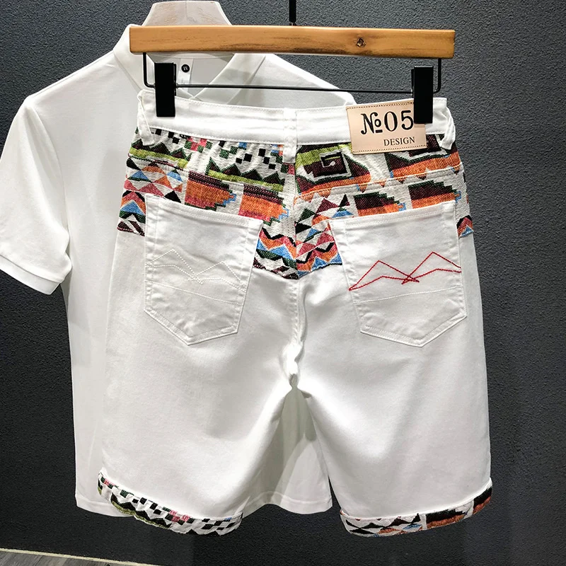 

Summer New Denim Sorts Men's Stitcin Embroidery Ripped Knee-lent Sorts Wite Black Retro Blue Fasion i Quality Jeans