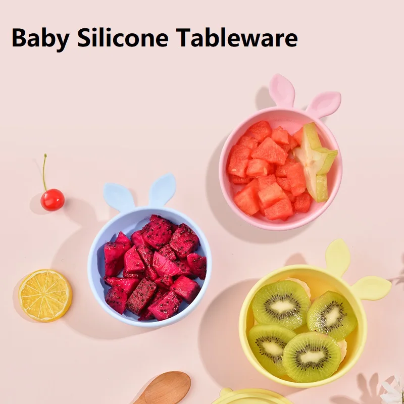 

3Pcs/set Baby Silicone Tableware with Bowl Spoon Fork Cute Bunny Ear Suction Plate Non-slip Leakproof baby learning Cup with Lid