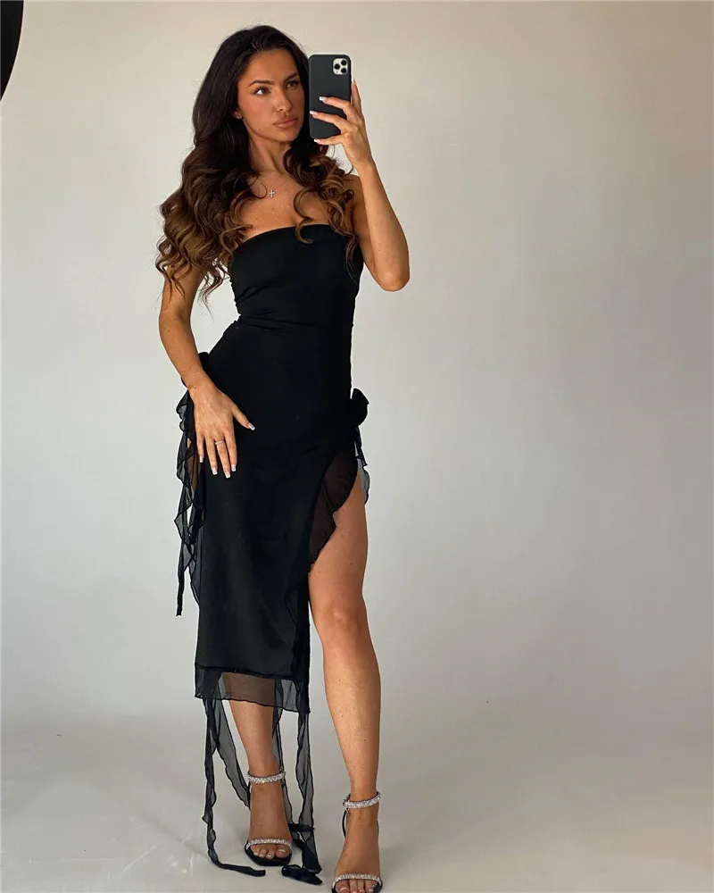 

Elegant Slash Neck Maxi Bandage Dress Fashion Ruffles Tassel Women Vestidos Sexy Split Party Clubwear Summer Clothing