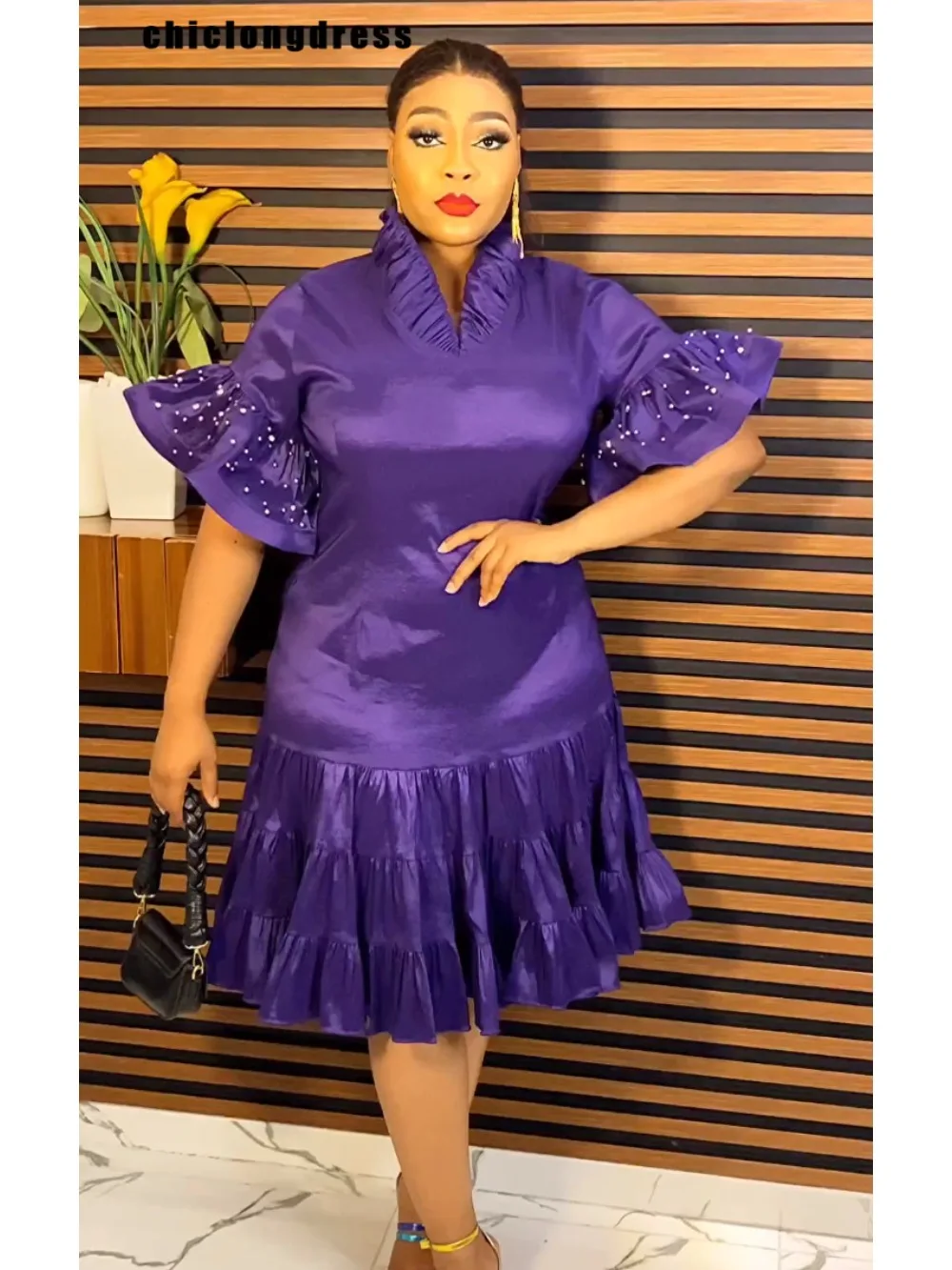 

Autumn Elegant Luxury Peal A-line Dress African Women Fashion Solid V-neck Flare Sleeve Ruffle Party Dress Women