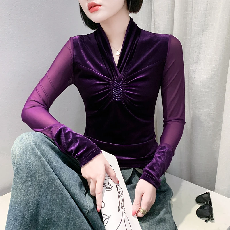 # 7510Черный красный фиолетовый бархатная сетчатая футболка с длинным рукавом