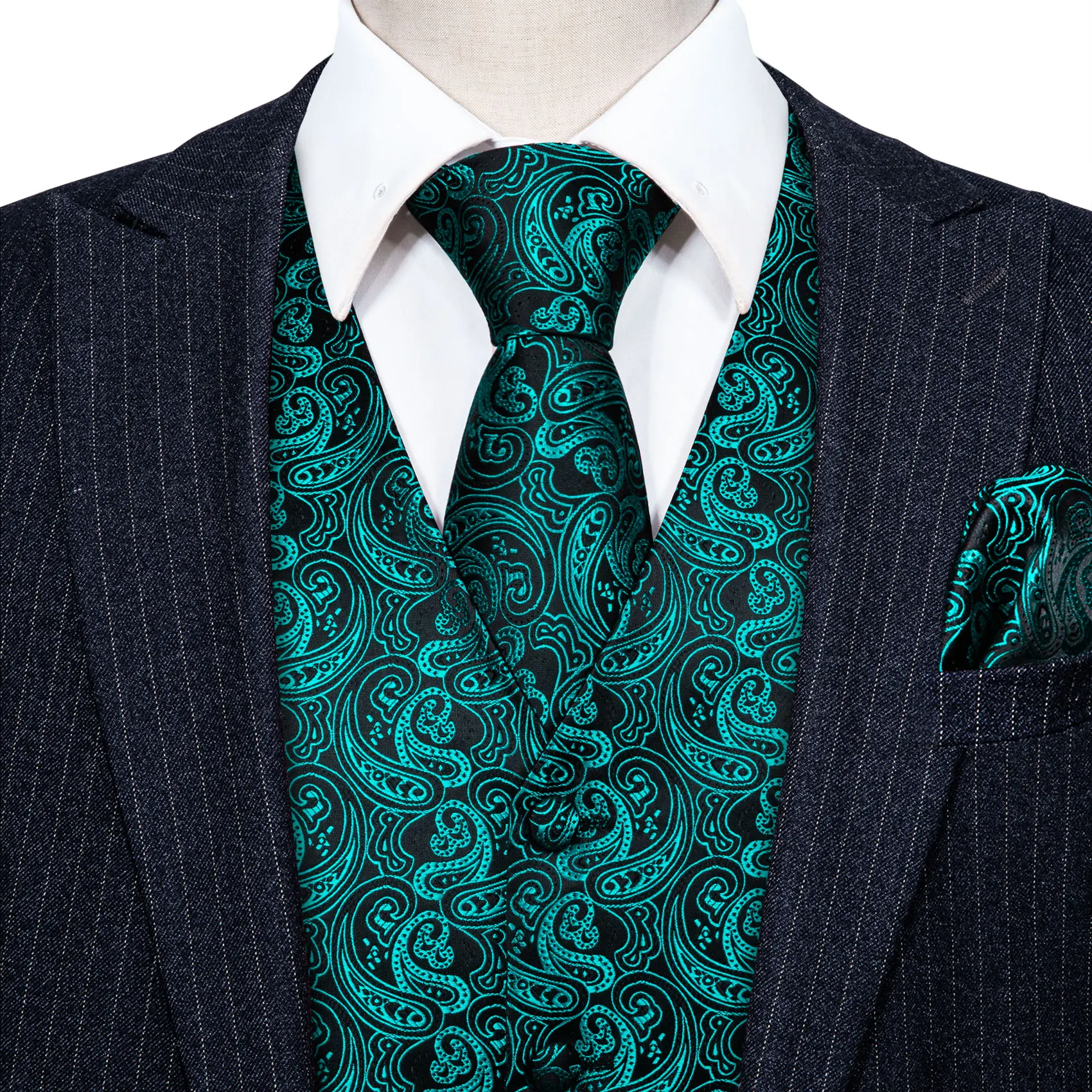 Green Silk Vest Waistcoat Men Slim Suit Vest Black Paisley Necktie Handkerchief Cufflinks Tie Vest Business Barry.Wang Design
