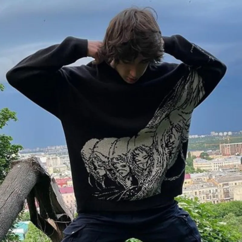 

Y2K 2022 зимний Винтажный Мужской пуловер пальто унисекс Харадзюку Свитер оверсайз для женщин японский мультяшный Женский вязаный свитер с гр...