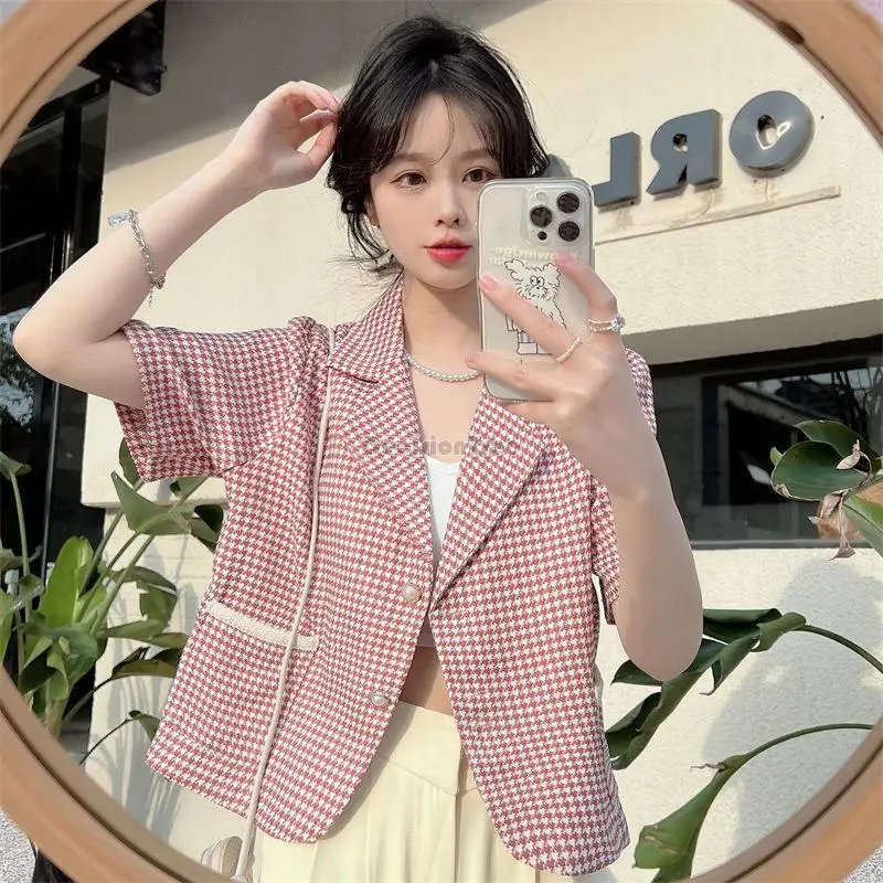 

2022 summer korean style versatile women fashion suits lapel leisure sweet graceful casual daily thin blazer plaid suits q211