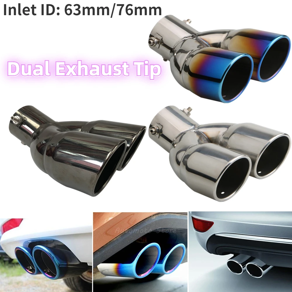 

Universal Stainless Steel Car Exhaust Pipe Muffler Tail Rear Pipe Double Outlet Tailpipe 63/76mm Inlet ID