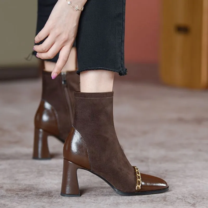 

2023 Winter New Ankle Boots Women Chain High Heels Sexy Chelsea Boots Suede Chunky Party Shoes Fashion Brand Pumps Snow Botas